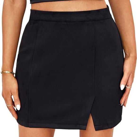 Faux Suede Black Women's High Waisted A-Line Mini Skirt with Slit Size Large - Picture 1 of 7